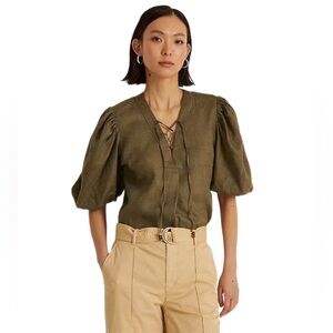 Lauren Ralph Lauren Black Label 100% Linen puff sleeve blouse in olive green 🌙